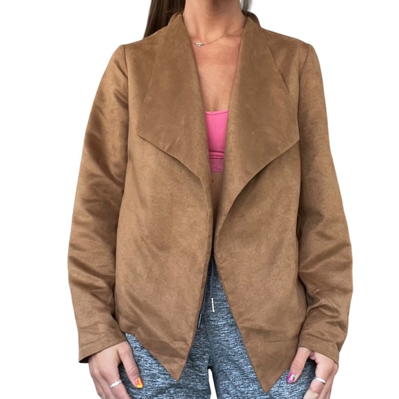 Mossimo Womens XS Tan Camel Faux Suede Open Front Draped Waterfall Blazer Jacket - Picture 3 of 14